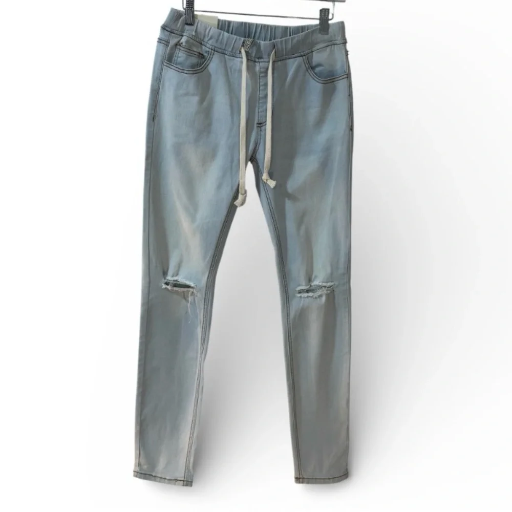 American Bazi Light Blue Skinny Drawstring Jeans with Knee Rips